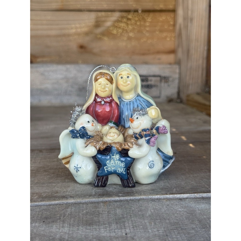 Resin Nativity Scene Christmas Ornament Jesus, Joseph, Mary And Snowmen Angels
